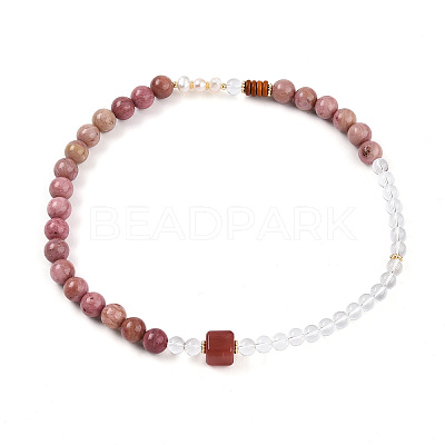 Round Natural Fresh Water Pearl & Red Agate Rhodonite & Quartz Crystal Beaded  Wrap Bracelets for Men Women BJEW-T022-07-1