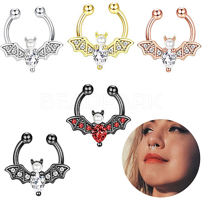 316L Stainless Steel Clear Cubic Zirconia Halloween Bat Clip-on Nose Septum Rings WG4B0C3-03-1