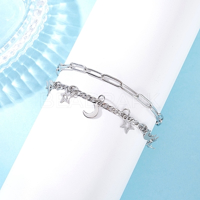 304 Stainless Steel Paperclip & Figaro Chain Bracelets for Women BJEW-JB12445-02-1