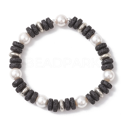 Flat Round Natural Lava Rock & Shell Pearl Beaded Stretch Bracelets for Women BJEW-JB12140-01-1