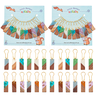 Rectangle Resin & Walnut Wood Charms Locking Stitch Markers HJEW-PH01563-1