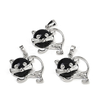 Natural Obsidian Kitten Pendants G-J386-C17-14-1