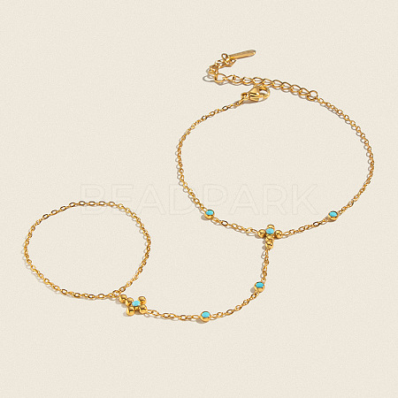 Natural Turquoise 304 Stainless Steel Flower Hand Chain Ring Bracelets for Women EH8478-1