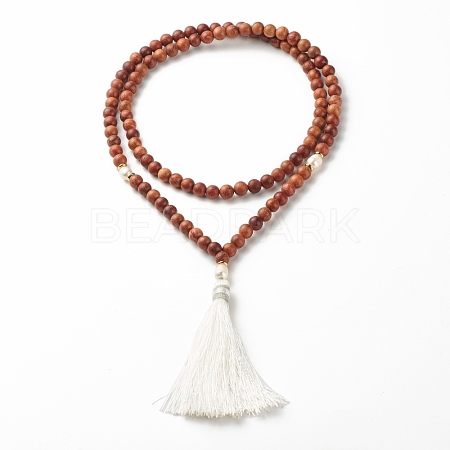 Natural Wood & Pearl Beads Mala Prayer Necklace NJEW-JN03756-1