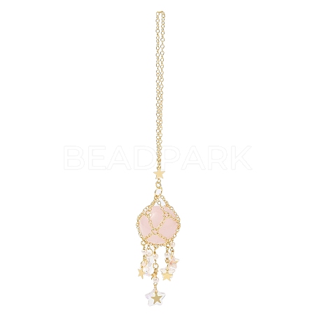 Natural Rose Quartz with Rack Plating Brass Pendants Decorations AJEW-B023-01G-06-1
