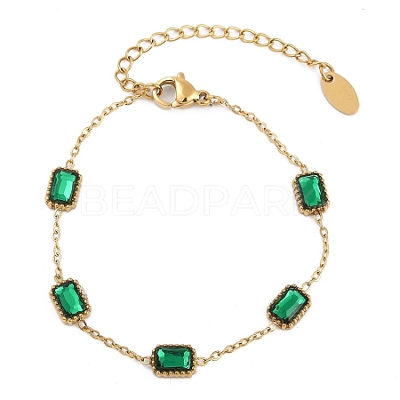 Ion Plating(IP) 304 Stainless Steel Pave Green Glass Rectangle Link Bracelets for Women BJEW-H613-11G-1