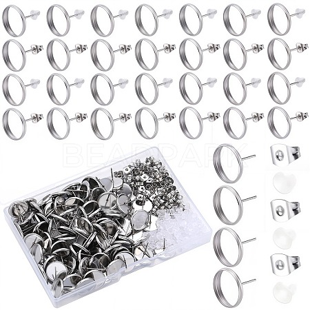 100Pcs Flat Round Stainless Steel Stud Earring Settings STAS-SP0001-61D-P-1