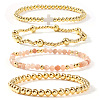 4Pcs 4 Styles Natural Rose Quartz & Brass Round Beads Stretch Bracelet Set for Women AK5902-2-1