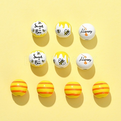 10Pcs 4 Styles Printed Natural Wood European Beads WOOD-FS0001-16-1