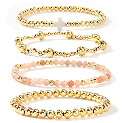 4Pcs 4 Styles Natural Rose Quartz & Brass Round Beads Stretch Bracelet Set for Women AK5902-2-1