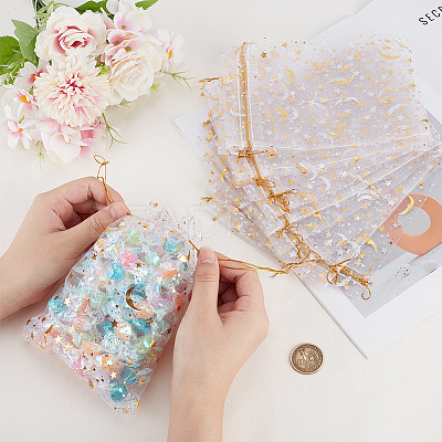50Pcs Gold Stamping Moon & Star Organza Drawstring Gift Storage Bags OP-BBC0001-03C-01-1
