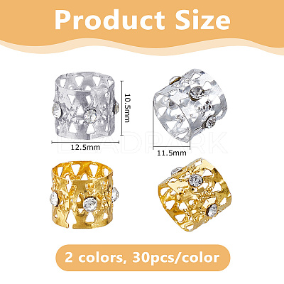 60Pcs 2 Colors Aluminum & Rhinestone Dreadlocks Braiding Beads FIND-DC0008-19-1