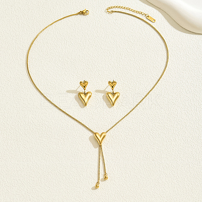 Sweet and Simple 201 Stainless Steel Heart Tassel Stud Earrings & Necklaces Set for Women EJ7179-1