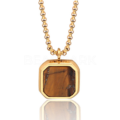 304 Stainless Steel Pave Natural Tiger Eye Square Pendant Necklaces FS-WG8D101-06-1