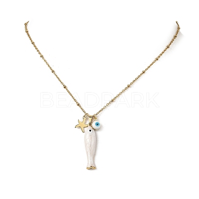Brass Enamel Evil Eye & 304 Stainless Steel Fish Charms 304 Stainless Steel Chains Necklaces for Women NJEW-JN06382-02-1