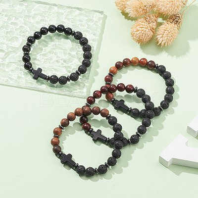 Natural & Synthetic Mixed Gemstone & Wood Cross Beaded Stretch Bracelet BJEW-JB09623-1