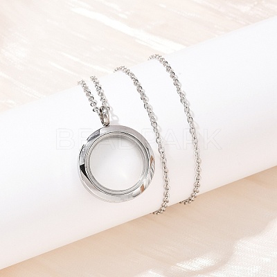 304 Stainless Steel Visible Flat Round Locket Pendant Pet Urn Ashes Necklaces LS-NJEW-S455-08P-1