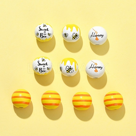 10Pcs 4 Styles Printed Natural Wood European Beads WOOD-FS0001-16-1