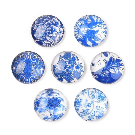 Blue and White Floral Printed Glass Cabochons GGLA-A002-14mm-XX-1
