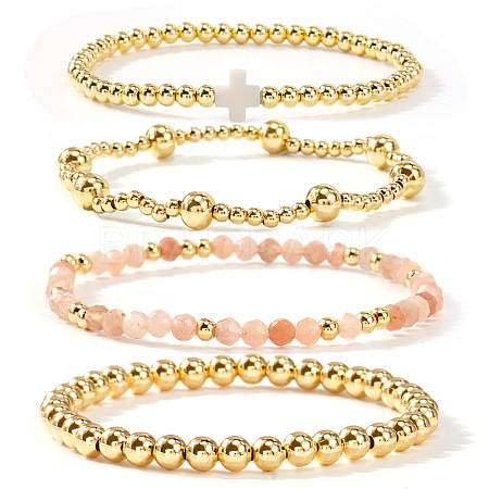 4Pcs 4 Styles Natural Rose Quartz & Brass Round Beads Stretch Bracelet Set for Women AK5902-2-1