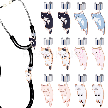 12Pcs 6 Style Alloy Enamel Stethoscope Cat Shape Pendant Decorations HJEW-CP00066-1