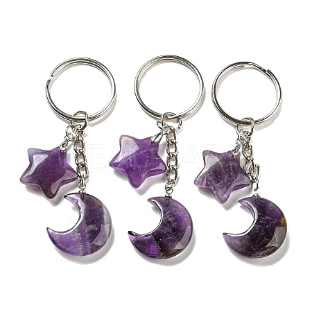 Reiki Natural Amethyst Moon & Star Pendant Keychains KEYC-P015-02P-02-1