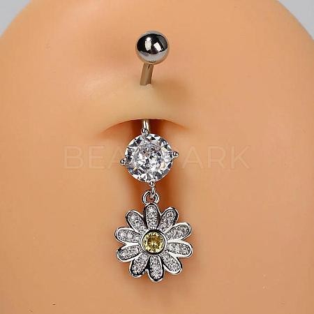 304 Stainless Steel Pave Clear Cubic Zirconia Curved Barbell Dangle Belly Rings FS-WG828D7-04-1