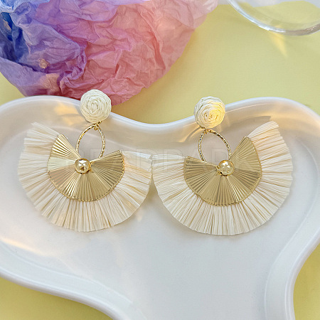Bohemian Style Fan Alloy Raffia Dangle Stud Earrings FS-WGD68B3-04-1