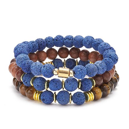 3Pcs 3 Style Natural & Synthetic Mixed Stone Stretch Bracelets Set with Wood Beaded for Women BJEW-JB08356-1