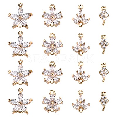 16Pcs 4 Styles Brass Pave Clear Cubic Zirconia Connector Charms KK-HY0004-39-1