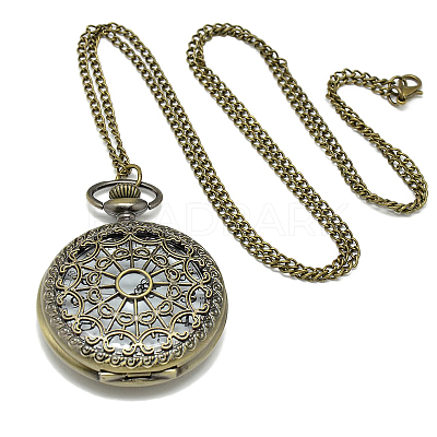 Alloy Flat Round Pendant Necklace Pocket Watch WACH-N012-04-1