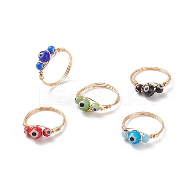 Round Lampwork Evil Eye Braided Finger Ring RJEW-JR00510-1