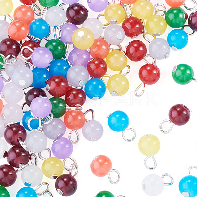 90Pcs 9 Colors Baking Paint Imitation Jade Glass Round Bead with Iron Pendants PALLOY-TAC0281-1