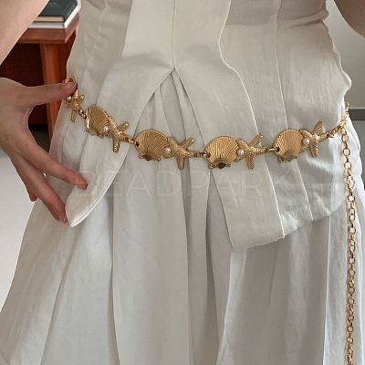 Summer Alloy & Imitation Pearl Starfish and Shell Shaped Link Chain Waist Belly Chains for Women FS-WGFC91A-01-1