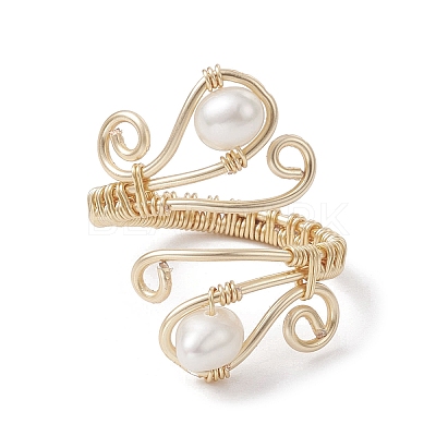 Copper Wire Wrapped Natural Cultured Freshwater Pearl Open Ring RJEW-JR00629-1