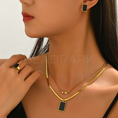 Stainless Steel Plastic Rectangle Earrings & Double-layer Necklaces & Rings Sets for Women UQ8925-1
