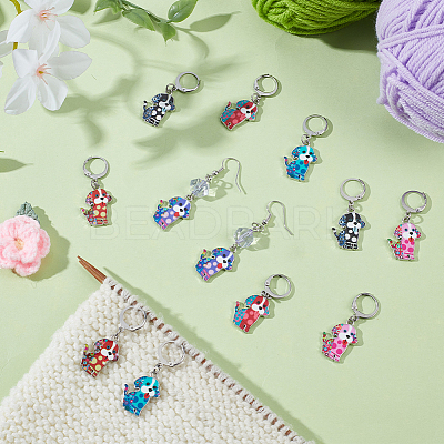 12Pcs 6 Styles Dog Alloy Enamel Pendant Locking Stitch Markers HJEW-NB00264-1