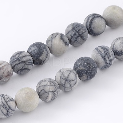 Round Frosted Natural Black Silk Stone/Netstone Bead Strands X-G-M248-8mm-03-1