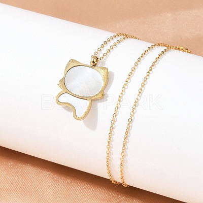 304 Stainless Steel Pave Natural White Shell Cute Cat Shaped Pendant Necklaces for Women NJEW-F339-01G-1
