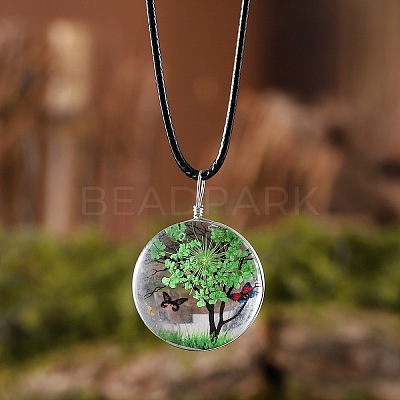 Flat Round Glass with Dried Flower Tree Inner Pendant Black Waxed Cord Necklaces FS-WG87A6D-17-1