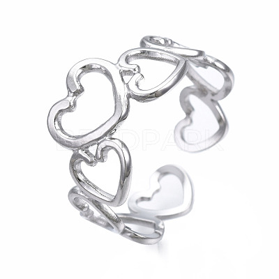 Non-Tarnish 304 Stainless Steel Heart Open Cuff Ring RJEW-T023-57P-1