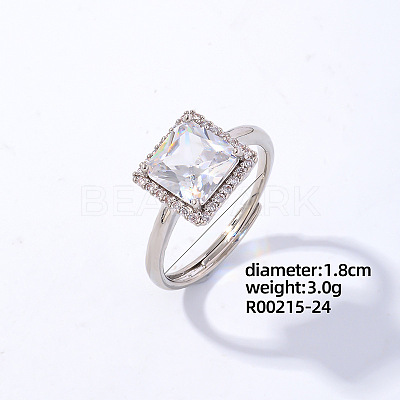 Square Platinum Brass Adjustable Ring with Cubic Zirconia EG7863-18-1