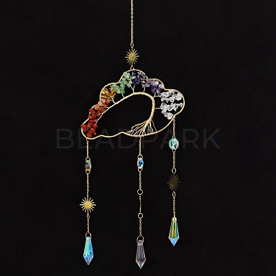 Natural Mixed Stone Copper Wire Wrapped Cloud with Tree of Life Hanging Ornaments PW-WG12109-02-1