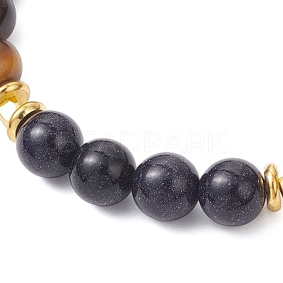 Round Natural Tiger Eye & Synthetic Blue Goldstone Beaded Bracelets for Women BJEW-JB12239-01-1