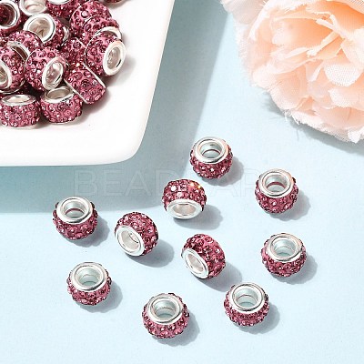 Polymer Clay Rhinestone European Large Hole Beads with Silver Color Plated Brass Cores FPDL-R002-10-1