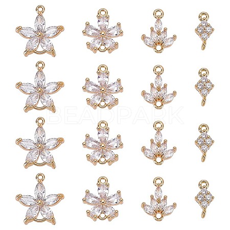 16Pcs 4 Styles Brass Pave Clear Cubic Zirconia Connector Charms KK-HY0004-39-1