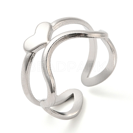Non-Tarnish 304 Stainless Steel Heart Open Cuff Ring for Women RJEW-I098-22P-1