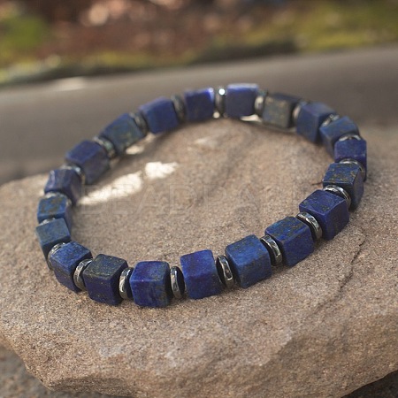 Cube Natural Lapis Lazuli & Synthetic Non-magnetic Hematite Beads Stretch Bracelets for Women Men LS-PF6426-1-1