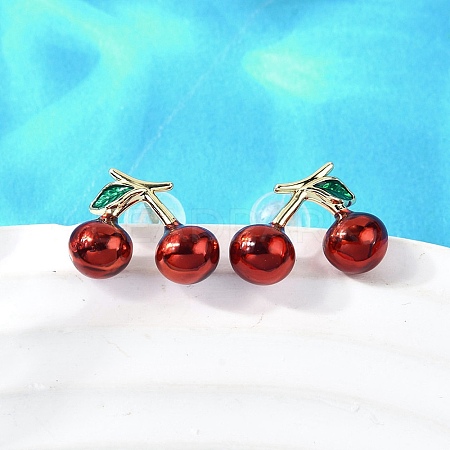 Cherry Brass Enamel Stud Earrings EJEW-U061-01G-1