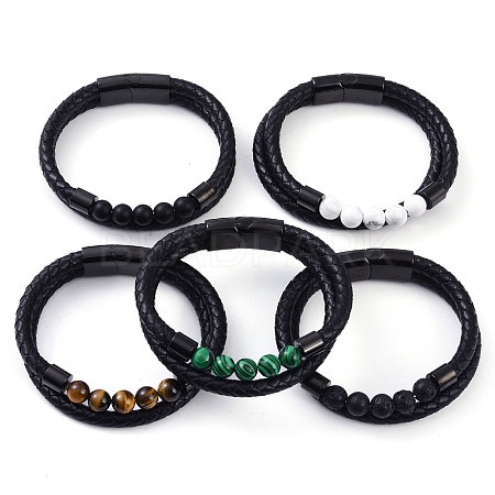 Mixed Stone Round Bead Leather Cord Multi-strand Bracelets BJEW-A009-10EB-1